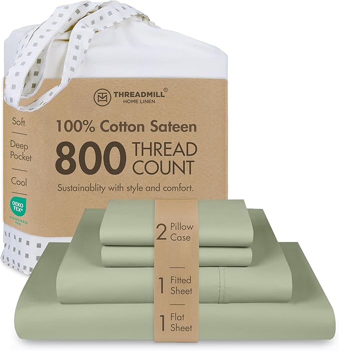 Threadmill Luxury 800 Thread Count Full Size 100% Cotton Sheets - Sage Green Sateen Weave Bed-Sheets, Better Than Egyptian Cotton, 4 Pc Solid Bed Set, Fits 16" Deep Pocket