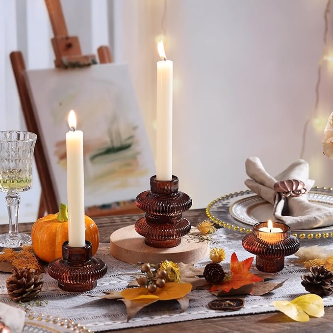 Taper Glass Candlestick Holders Tealight Candle Holders for Table Centerpieces, Fall Wedding Decor and Dinner Party Halloween Thanksgiving Decor (8 Pcs, Brown)
