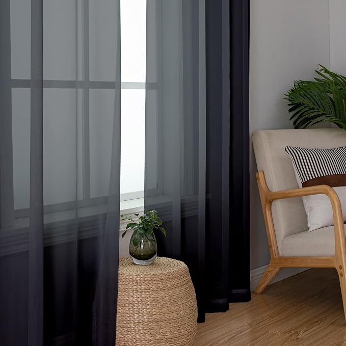Black Sheer Curtains 68 Inch Length 2 Pcs, Light Filtering Rod Pockets Window - Image 8