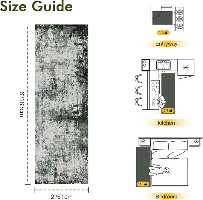 2x6 Ft Washable Runner Rug, Non-Slip Low Pile Hallway Kitchen Area Rug - Image 2