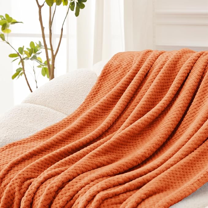 Exclusivo Mezcla Soft Waffle Fleece Bed Blanket Twin Size, Burnt Orange | - Image 5