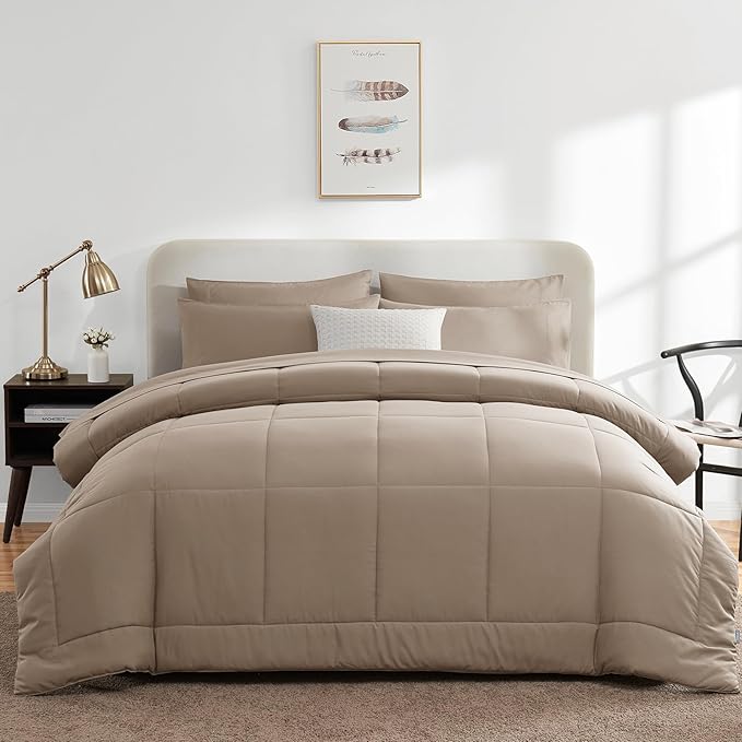 CozyLux Queen Comforter Set Khaki, 7 Pieces Bed in a Bag, Khaki Comforter Queen Size, All Season Bedding Sets with Stitch Quilted Comforter, Flat Sheet, Fitted Sheet, Pillowcases
