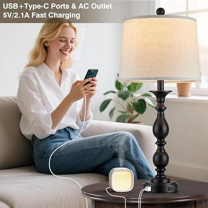 28" Tall Modern Table Lamps Set of 2 with USB C+A Ports and AC Outlet, 3 Way Touch Metal Bedside Lamps for Living Room, Black Farmhouse Nightstand Lamps for Bedroom