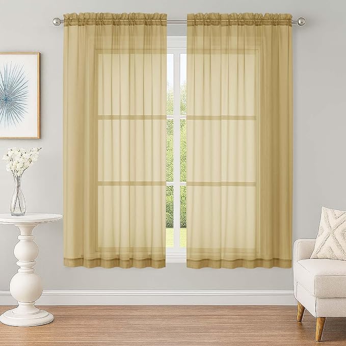 Sheer Gold Curtains, Sheer Curtains 63 inch Length 2 Panels Set, Rod Pocket by OWENIE