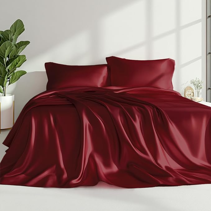 Love's cabin Twin Satin Sheets Sets - 3 Piece Burgundy Silky Bed Sheets with Deep Pockets, Luxury Silk Feel Satin Twin Size Sheet Set Bedding Set (1 Flat Sheet,1 Fitted Sheet,1 Pillow case)