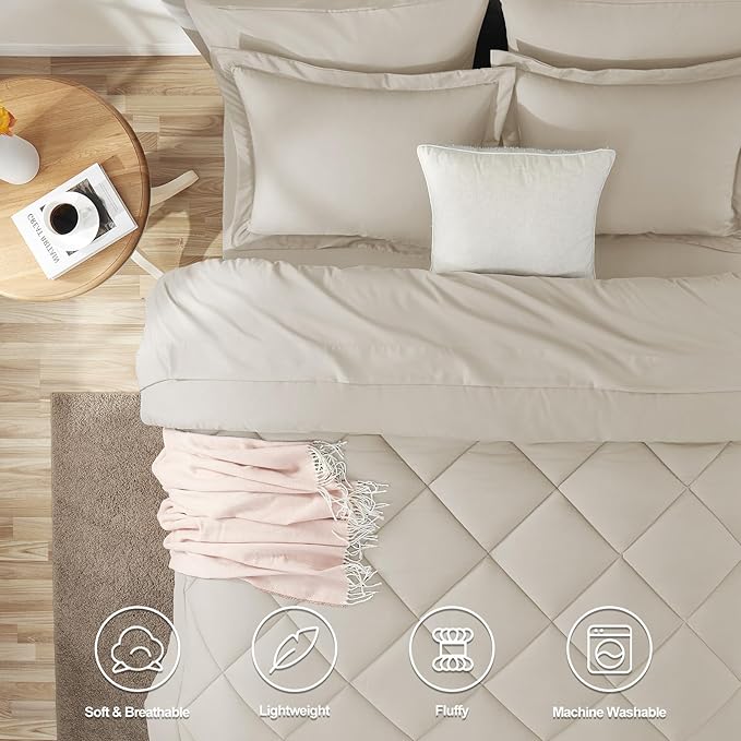 CozyLux Oversized Queen Comforter Set Beige - 7 Pieces Bed in a Bag Comforter Set with Sheets, Luxury Soft Bed Set All Seasons, Bedding Set with Down Alternative Comforter, Sheets, Pillowcases & Shams