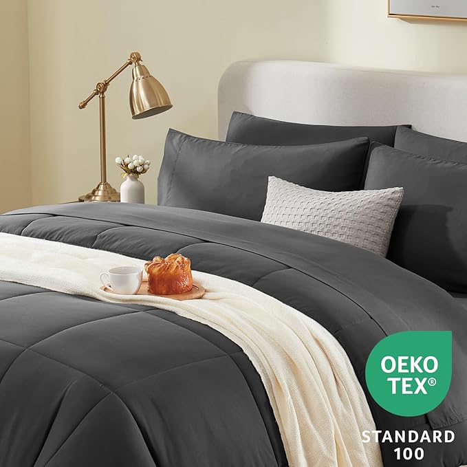 CozyLux Oversized King Comforter Sets Dark Grey, 7 Pieces Bed in a Bag, Ultra-Soft All Season Bedding Sets with Stitch Quilted Comforter, Flat Sheet, Fitted Sheet, Pillowcases, Dark Gray