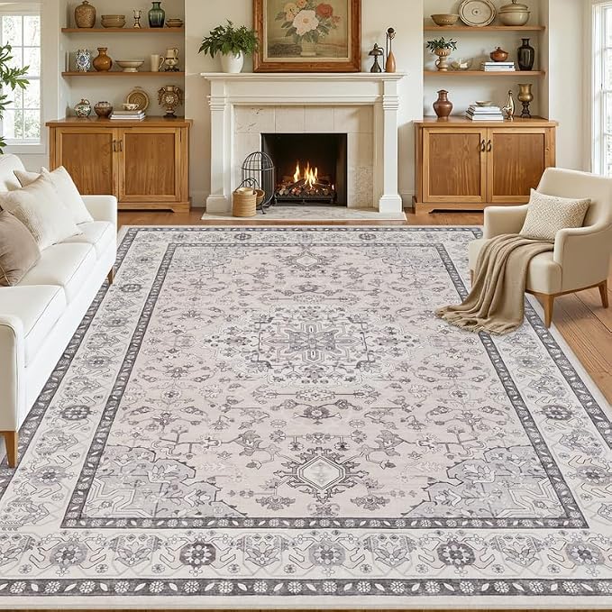8x10 Area Rugs Living Room: Bedroom Washable Carpet Beige & Grey | Large by Luxturiy