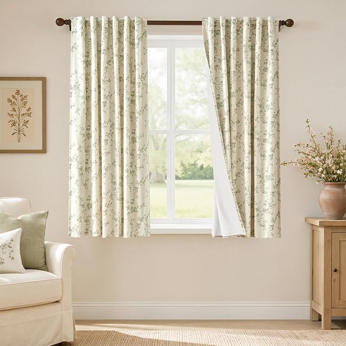 Blackout Vintage Floral Linen Curtains Green on Beige 50×63 2 Panels | Elisa by Lazzzy