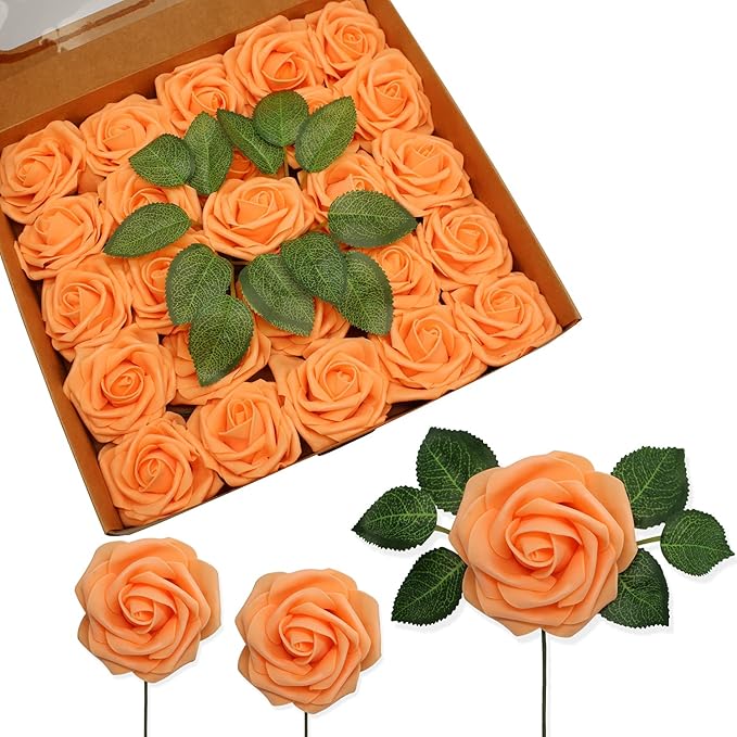 JOYLEX Artificial Flowers Realistic Roses, 25pcs Real Looking Fake Roses with Stem for DIY Wedding Bouquets Centerpieces Bridal Shower Party Romantic Decorations (25pcs, Orange)