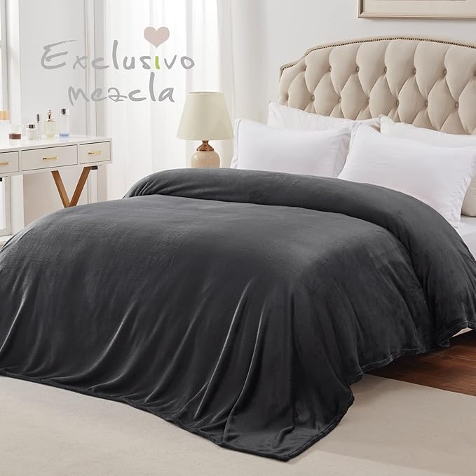 Exclusivo Mezcla Fleece Blanket King Size for Bed, Super Soft and Warm, All Season Use, Cozy, Plush, Lightweight, 90x104 Inches, Dark Grey