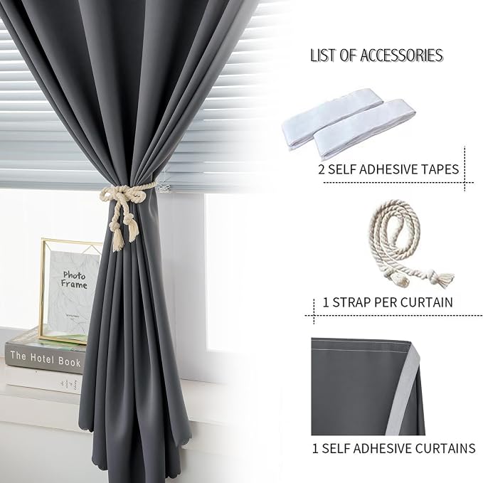 Room Darkening Curtains with Adhesive Backing Tool Free Hanging Window Drapes - Image 2