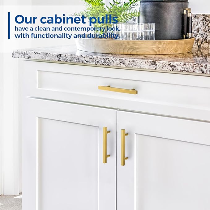 JOY DECOR 10 Pack 4 Inch Brushed Brass Square Cabinet Handles Stainless Steel Cabinet Hardware Pulls for Kitchen and Drawers with 6-2/5 Inch Overall Length
