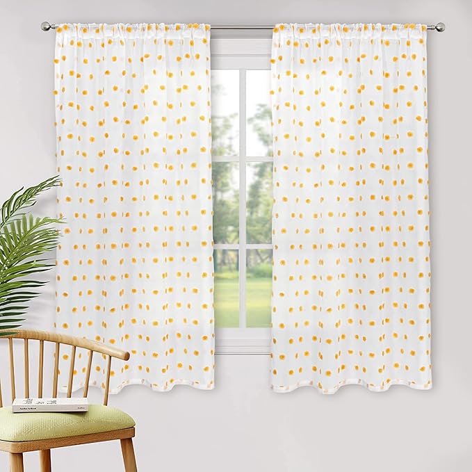 MYSKY HOME Short Curtains for Bedroom 54 Inches Long Burnt Orange Pom Pom White Sheer Curtains Kitchen Bathroom Nursery Boys Kids Room Rod Pocket 2 Pieces Small Window 52" x 54"