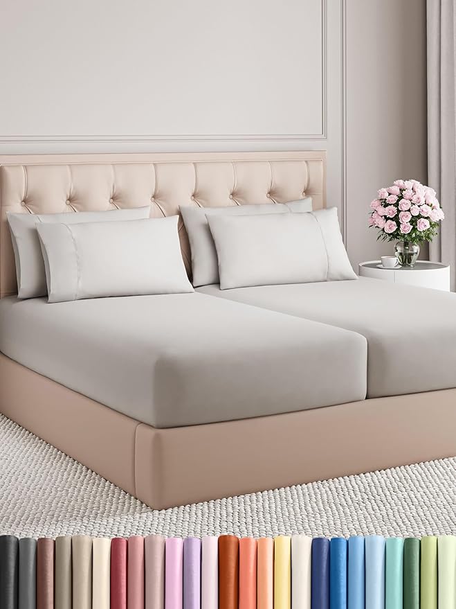 Split King 7 Piece Sheet Set - Comfy Breathable & Cooling - Soft Hotel Luxury Bedding Set with 8-16 Inch Deep Pockets - 1 Flat & 2 Fitted Sheet & 4 Pillowcases - Wrinkle Free & Easy Care - French Grey