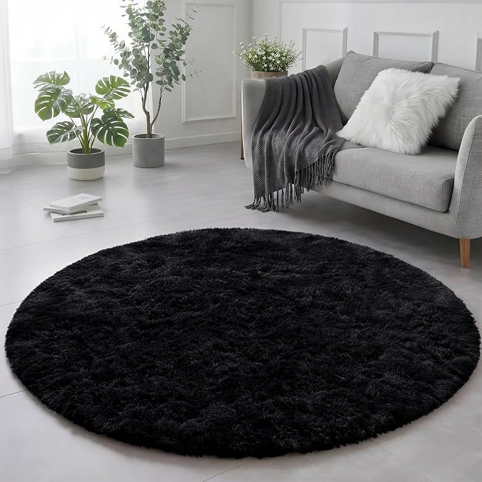 Amdrebio Black Fluffy Round Circle Rug 4Ft by Amdrebio