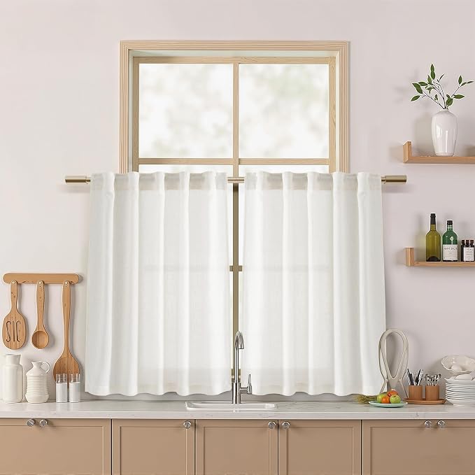 Beige White Linen Curtains 36 Inch Length Cortinas para Cocina Kitchen Semi by Nanspring
