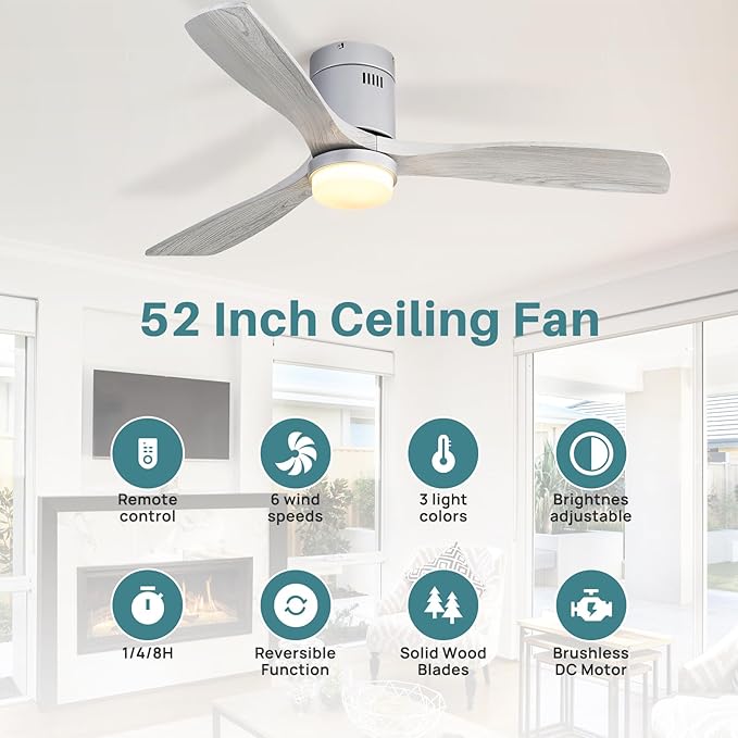 Sofucor Ceiling Fan with Lights 52 Inch Flush Mount Ceiling Fan with Remote Control, 3 Solid Wood Blades Modern Outdoor Ceiling Fans for Bedroom/Farmhouse/Patio/Indoor, Quiet DC Motor, Silver & Grey