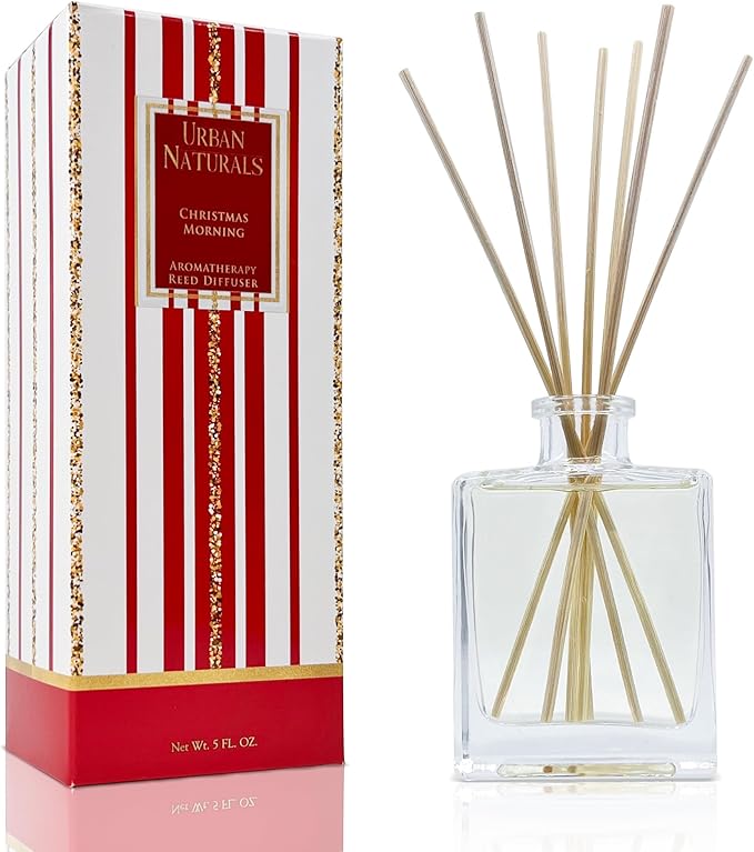Urban Naturals Christmas Morning Reed Diffuser Set – Aromatic Rosemary, Eucalyptus, Balsam Spruce, Orange, Cedar & Amber – Sleek Rectangular Refillable Glass Bottle – Made in The USA