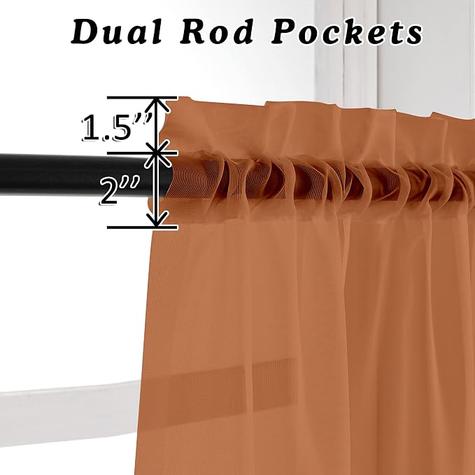 2 Panels Solid Color Orange Sheer Curtains 96 Inches Long, Elegant Window Voile - Image 3