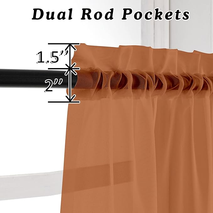 OVZME Orange Sheer Curtains 36 inches Long, Short Kitchen Window Treatment Solid Sheers Cafe Curtains Bathroom Voile Half Window Panels, Rod Pocket, 42" Wx36 L
