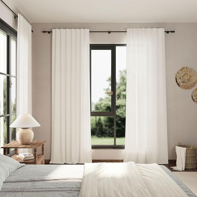 Beige White Linen Curtains for Living Room 86 Inches Long Back Tab and Rod - Image 7