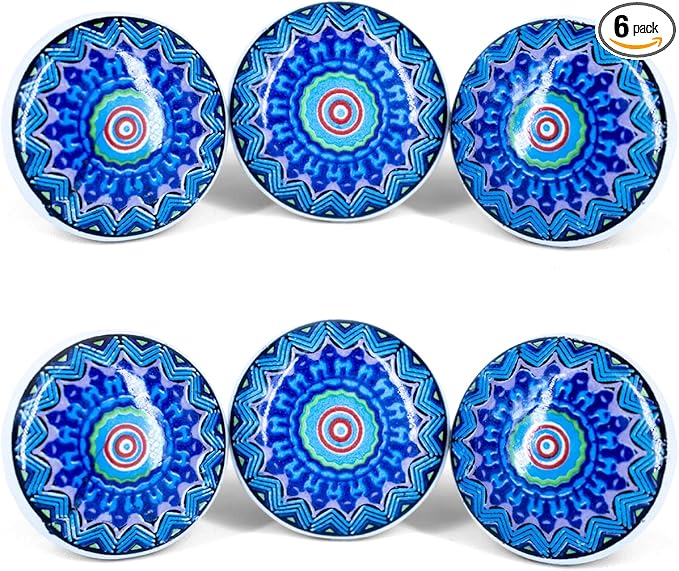 Handmade Blue Mandala Design Ceramic Stone Cabinet Knobs, Vintage Decorative Drawer Pulls for Trendy Cabinets, Modern Dressers & Cupboards, Knobs for Kitchen & Furniture-Set of 6
