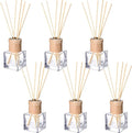 Roshtia 6 Set Reed Diffuser Bottle Empty Refillable Fragrance Glass Diffuser Bottles with Wooden Caps Rattan Sticks 50ml 1.7 oz Square Glass Jars for DIY Fragrance
