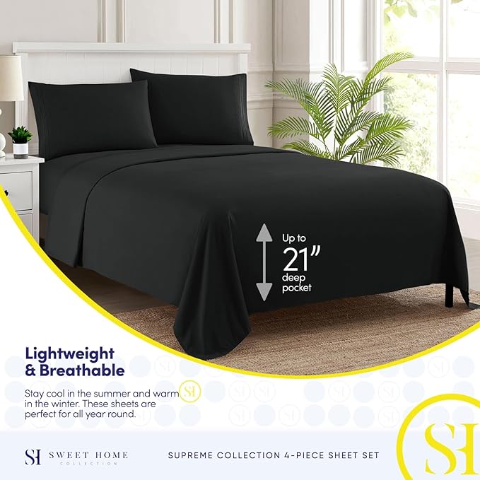 King Size Sheets - Breathable Luxury Bed Sheets with Full Elastic & Secure Corner Straps Built In - 1800 Supreme Collection Extra Soft Deep Pocket Bedding, Sheet Set, EXTRA DEEP pocket - King, Black