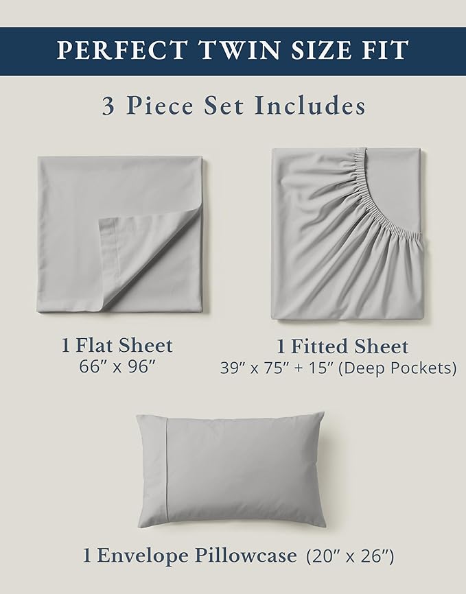 LANE LINEN 100% Organic Cotton Sheets Twin Size, Soft & Comfy Mercerized Fully Elasticized Naturally Temperature Regulating Sustainably Produced Luxury Hotel Quality Cotton Twin Sheet Set- Silver
