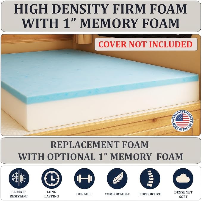 Foamma 10” x 48” x 75” Truck, Camper, RV Travel Visco Gel Memory Foam Bunk Mattress Replacement, Made in USA, Comfortable, Travel Trailer, CertiPUR-US Certified, Cover Not Included