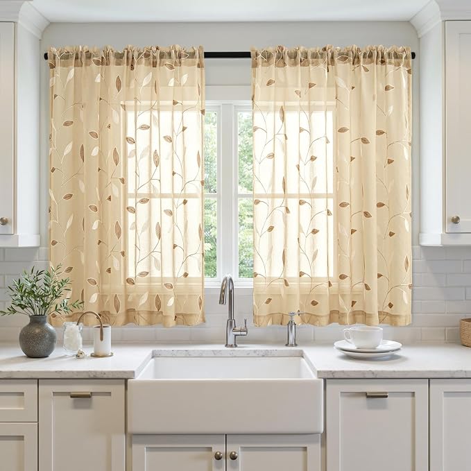 MIULEE Khaki Sheer Curtains 2 Panels Embroidered Leaf Patterned, W52 x L45 | - Image 2