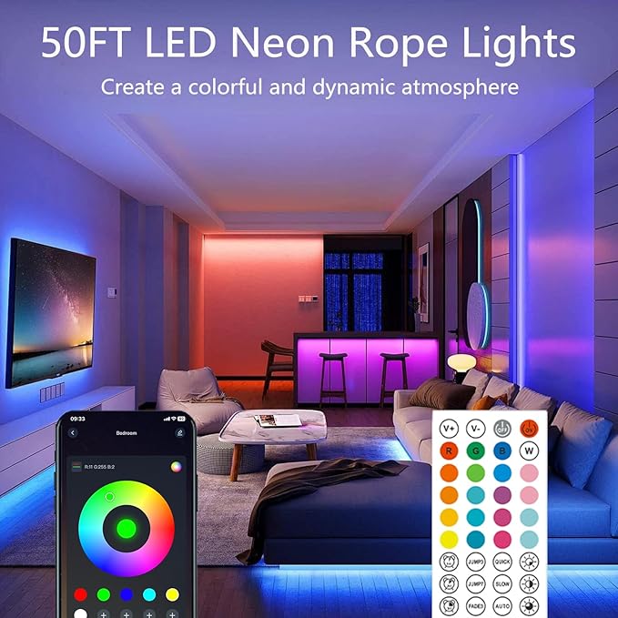 50Ft Neon Rope Lights,Flexible Led Rope Lights Control with App/Remote,Multiple Modes Rope Lights,IP67 Outdoor Waterproof,Music Sync Light Strip for Bedroom