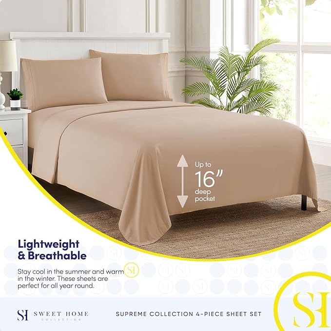 Queen Size Bed Sheets - Breathable Luxury Sheets with Full Elastic & Secure Corner Straps Built In - 1800 Supreme Collection Extra Soft Deep Pocket Bedding Set, Sheet Set, Queen, Taupe
