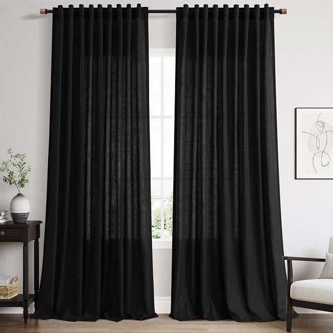 Extra Long Black Linen Curtains 108 Inches Long 2 Panels Set by Nanspring
