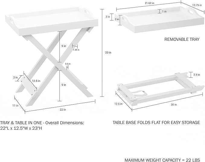 Folding TV Tray Table - Contemporary Side Table with Removable Tray Top for Food Serving, Decor, or Meals - Portable End Furniture for Living Room, Bedroom, or Home Office by Lavish Home (White)