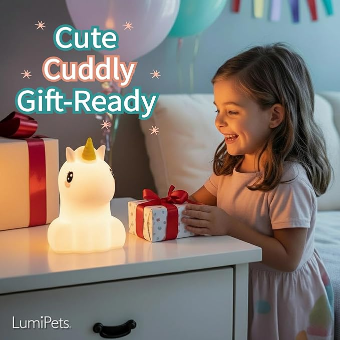 Lumipets Remote Control Silicone Night Light for Kids - Unicorn Design with 9 Soft Colors & Sleep Timer - Rechargeable, Battery-Operated Lamp for Bedroom | Baby Nursery, Toddler, Girls, Boys