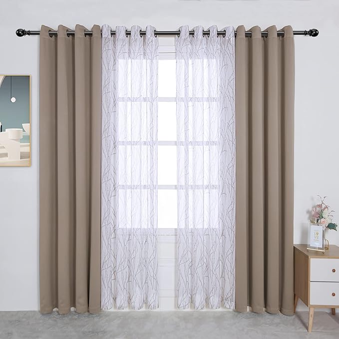 BONZER Mix and Match Curtains - 2 Pieces Branch Print Sheer Curtains and 2 Pieces Blackout Curtains for Bedroom Living Room Grommet Window Drapes, 54x95 Inch/Panel, Taupe, Set of 4 Panels