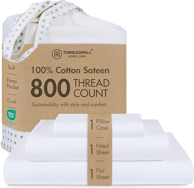 Threadmill Luxury 800 Thread Count 100% Cotton Sheets - Sateen Weave Twin XL Bed-Sheets, Better Than Egyptian Cotton,3 Pc Solid Bedding Set (Hotel White), Fits 15" Deep Pocket