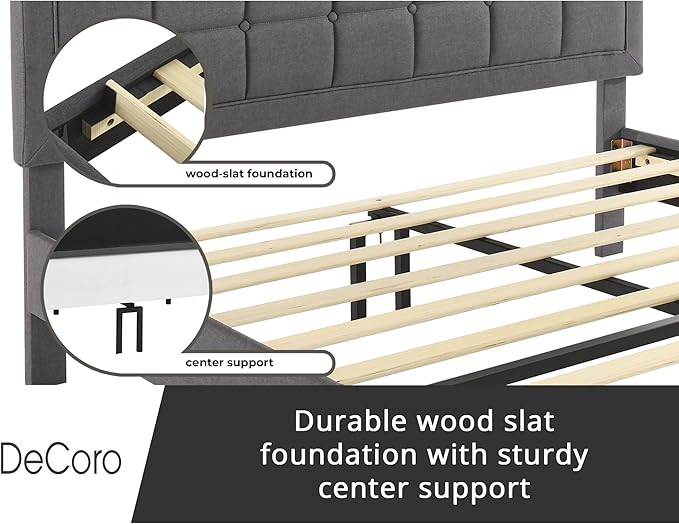 Decoro Mornington Upholstered 2.0 Platform Bed, Button-Tufted Fabric Headboard and Metal Frame with Wood Slat Support, Light Grey, Full
