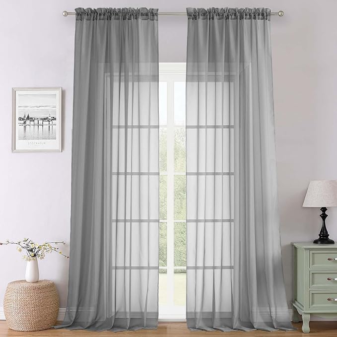 Charcoal Grey Sheer Curtains 120 Inches Long 2 Pcs, Light Filtering Rod Pockets by Lecloud