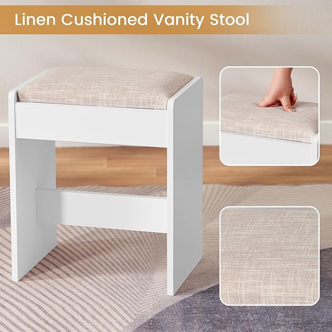 Quimoo 48" Large Vanity Desk with Mirror & Lights, Makeup Vanity Table with 6 Drawers & Power Outlet, 6 Open Storage Shelves, Vanity Desk Set with Stool, for Women Girls, White