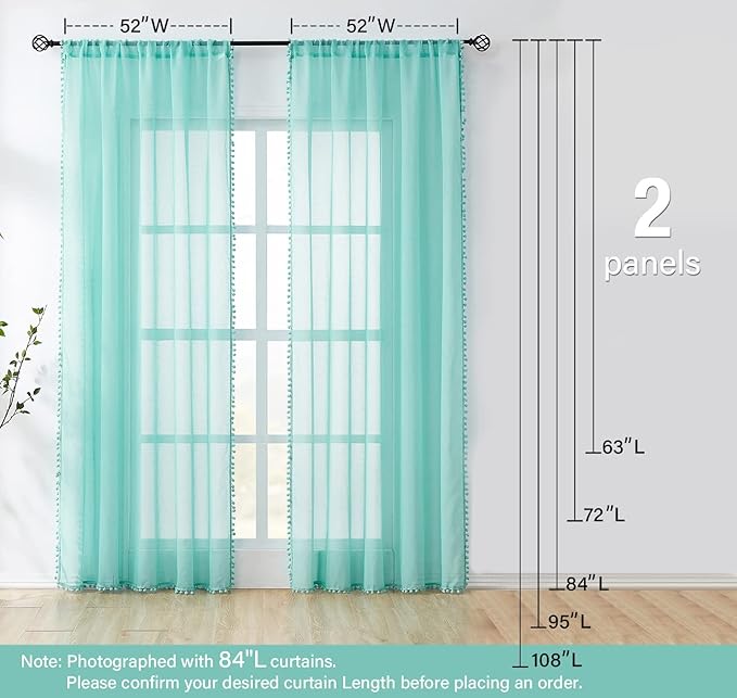 Treatmentex Pompom Sheer Curtains for Kids-Room 72" Aqua-Blue Slub Textured Window Sheer Panels for Bedroom Living Room 52" Wide, 2 Panels Rod Pocket
