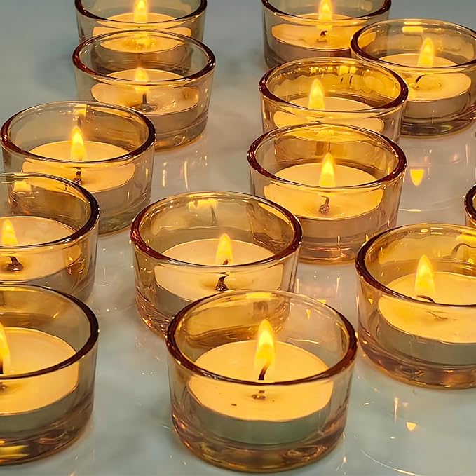GOLDEAL 60 Pcs Gold Glass Tealight Candle Holders-Tea Candle Holders Bulk - Perfect for Weddings, Parties, Dinners - Ideal for 1.5" Standard Tealights and Candle Moulds