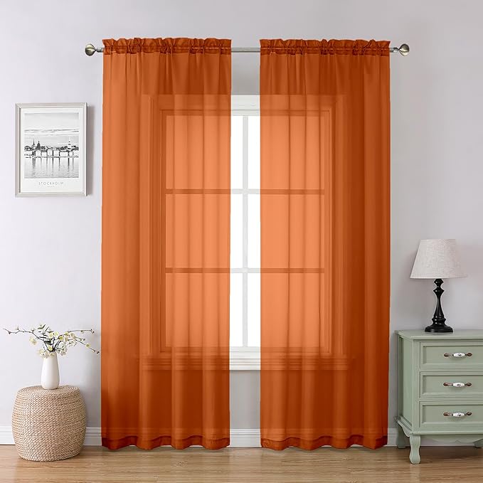 Orange Sheer Curtains 84 Inches Long 2 Panels Set, Rod Pocket Transparent by Lecloud