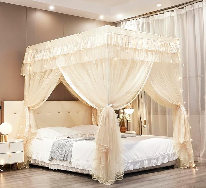 Mengersi Canopy Bed Curtains Twin Sizes,Bed Canopy for Girls Royal Luxurious Cozy Bed Drapes Girls Room Decor(Ivory,Twin)