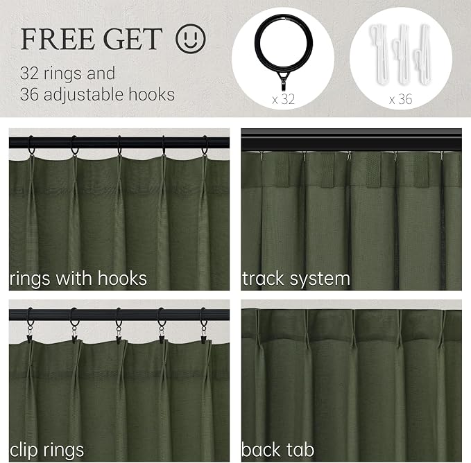 Topfinel 96 Inches Long Pinch Pleated Semi Sheer Curtains, Olive Green Linen - Image 2