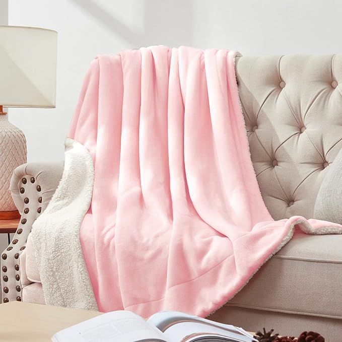 Walensee Sherpa Fleece Blanket (Throw Size 50”x60” Pink) Plush Throw Fuzzy Super Soft Reversible Microfiber Flannel Blankets for Couch, Bed, Sofa Ultra Luxurious Warm and Cozy for All Seasons