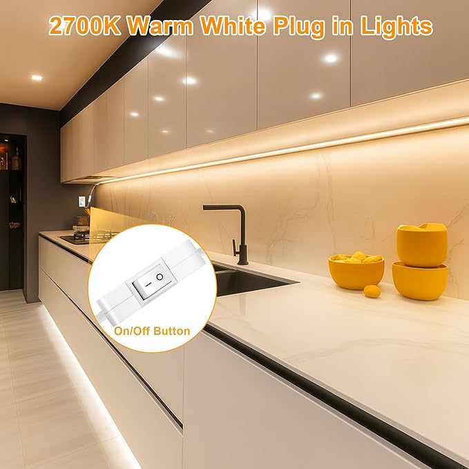 maylit Under Cabinet Strip Lighting Plug in 72in, Ultra Bright Small LED Light Bar, 2700K Warm White, Wired Lights for Kitchen Cabinet, Counter, Workbench, Desk, Closet, Shelf, Indoor