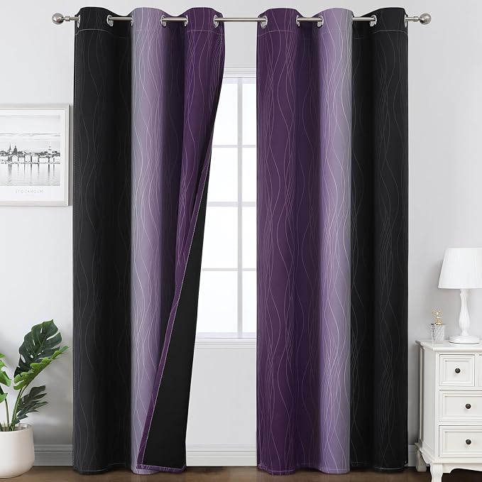 Black and Purple Ombre Blackout Curtains 84 Inch Length | Room Darkening by ESTELARTEXTILER